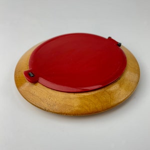 1930&#39;s-40&#39;s Powder Compact - Maple Hardwood Base with Red Bakelite Lid with Mirror - Powder Filter and Pad