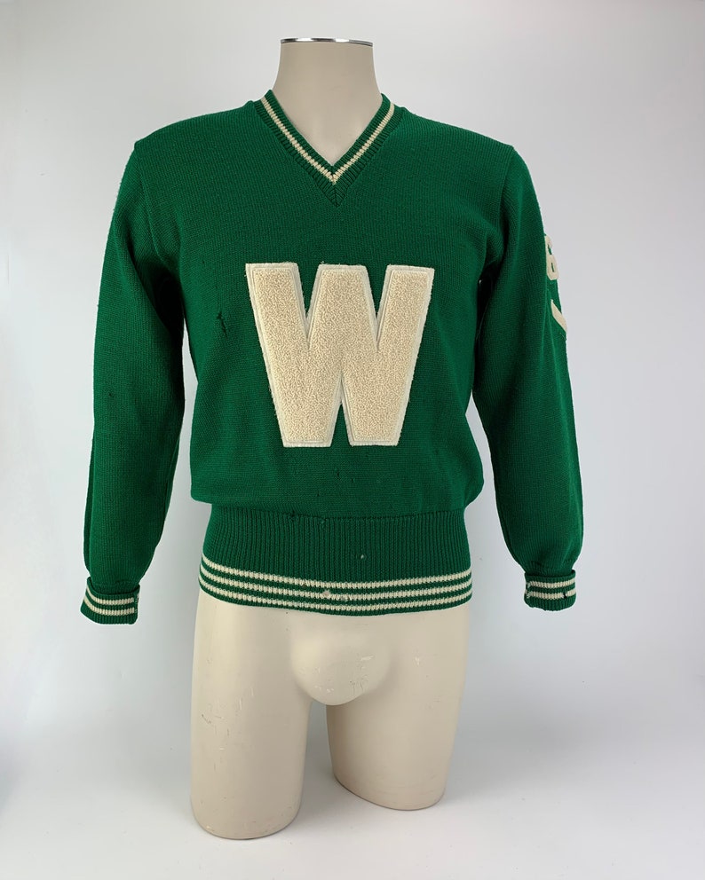 1965 Varsity Lettermans Sweater Embroidered W Patch V-Neck Pullover All Worsted Wool Men's Size Medium image 3