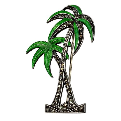 Vintage sale Palm Tree Brooch - Sterling Silver - Green Enamel with Glistening Marcasites - Made in USA - Locking Clasp