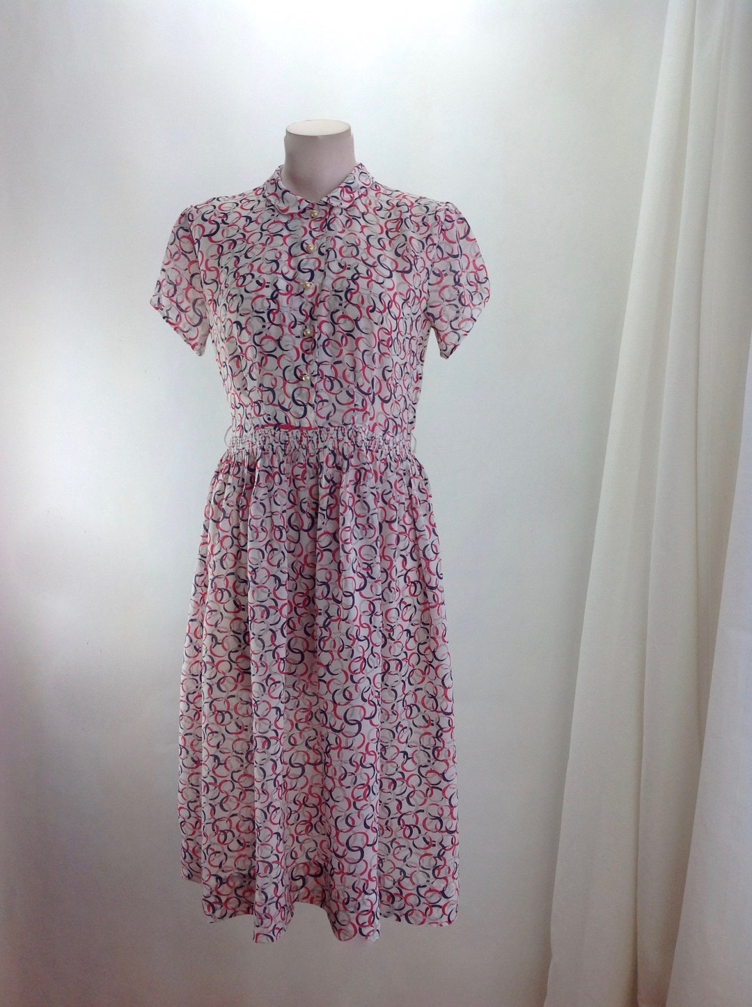 1940'S Sheer Rayon Dress Swirly 40'S Print Gathered Skirt Pearl Buttons ...