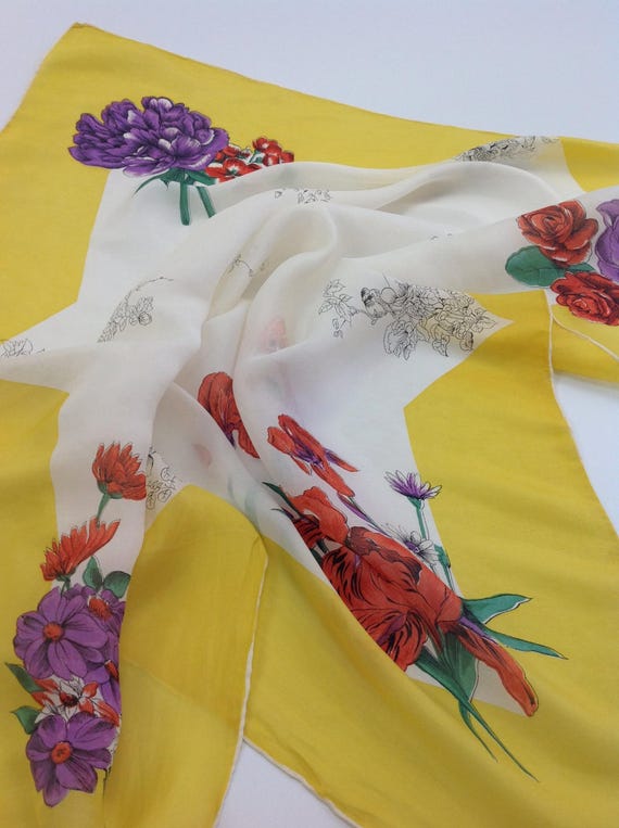 1950'S Floral Scarf -Bright Yellow - All Silk - I… - image 4