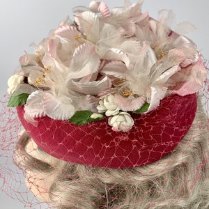 1960'S Pill Box Hat Pink Velvet with White Delicate Silk Flowers Lovely Details Netted Veil image 6