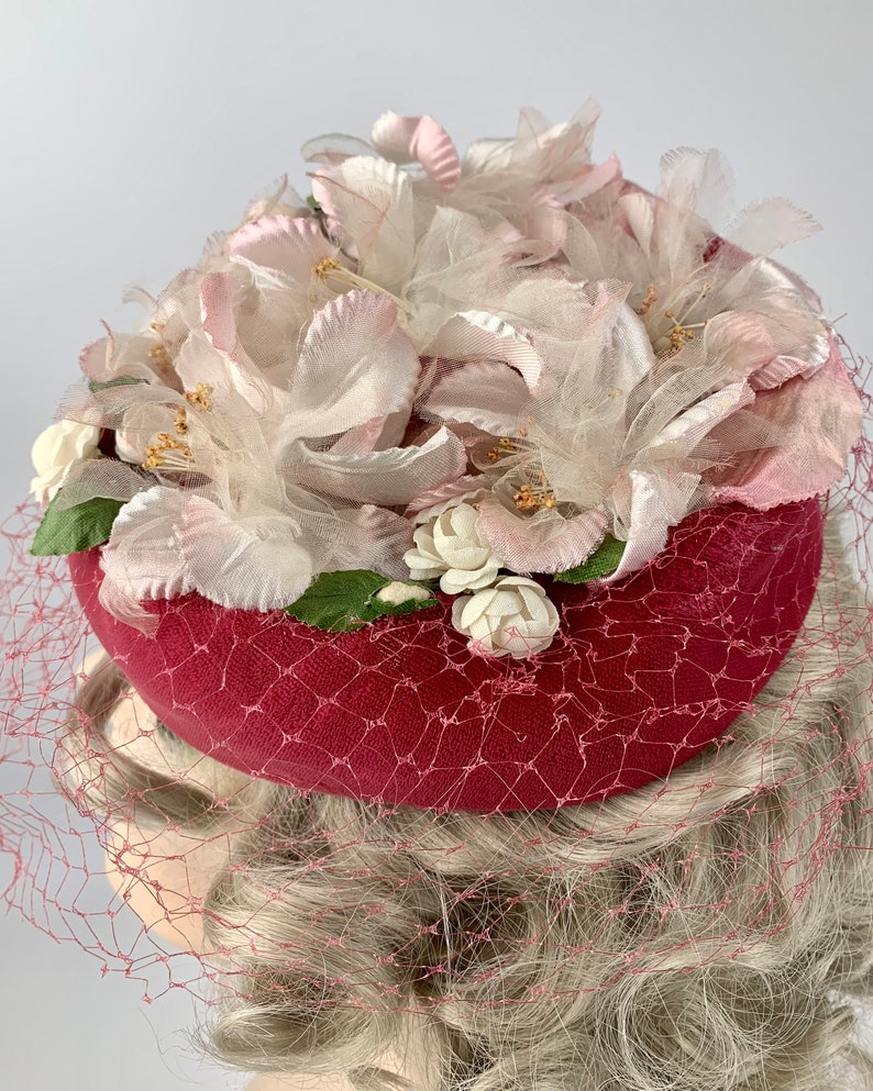 1960'S Pill Box Hat Pink Velvet with White Delicate Silk Flowers Lovely Details Netted Veil image 6