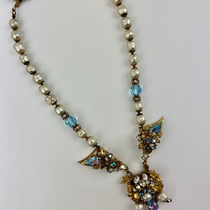 1940's-50's Necklace with Aurora Borealis Faceted Crystals, Faux Pearls and Rhinestones 16 Inch Length image 2