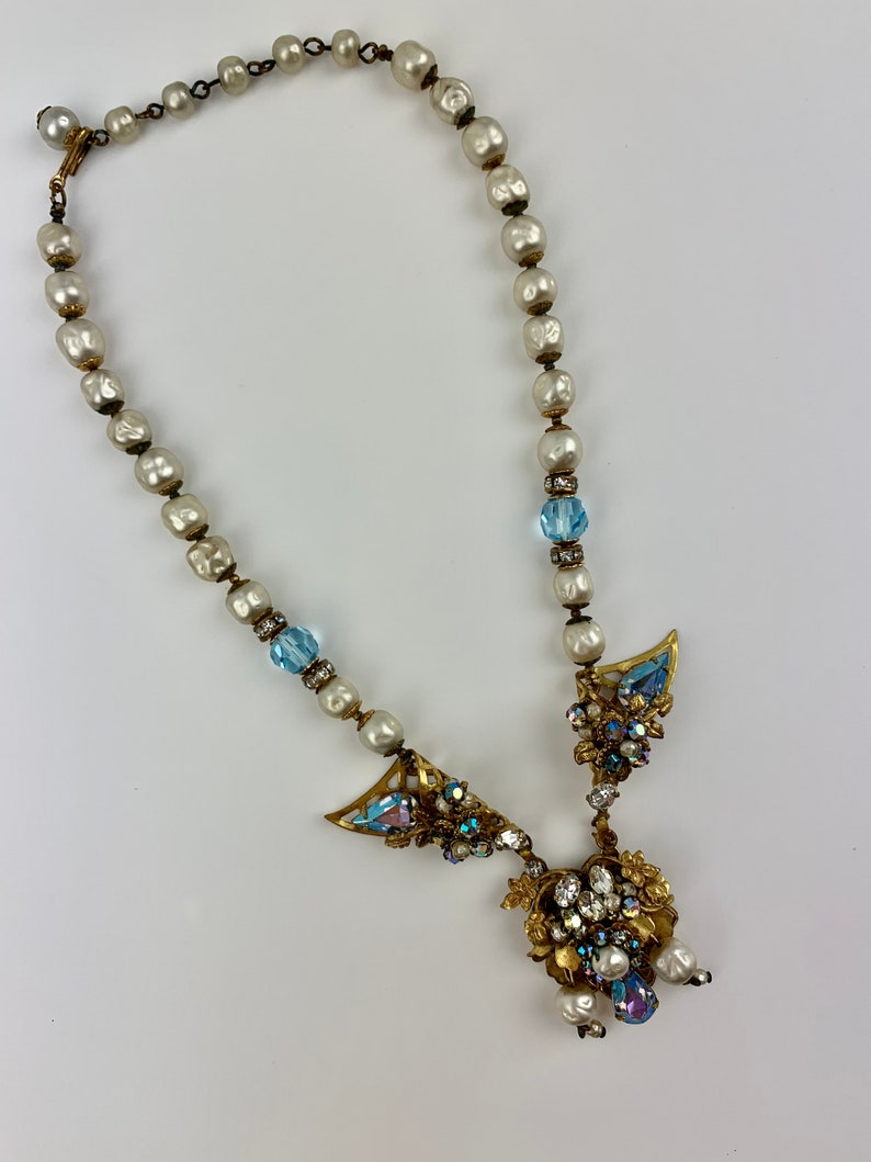 1940's-50's Necklace with Aurora Borealis Faceted Crystals, Faux Pearls and Rhinestones 16 Inch Length image 2