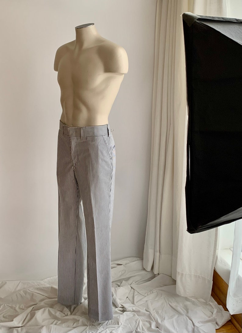 1970'S Striped Seersucker Trousers Gray & White Wide Waistband and Wide Belt Loops 36 Inch Waist DeadStock image 10