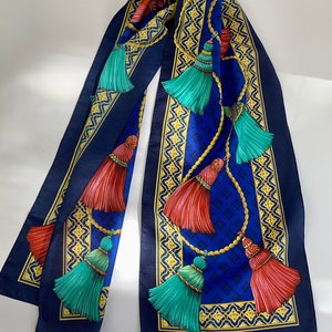 Vintage Tassel Scarf - All Quality Silk - Red, Emerald Green, Gold, Navy & Persian Blue  - X-Long - 54 x 11-1/2 Inches