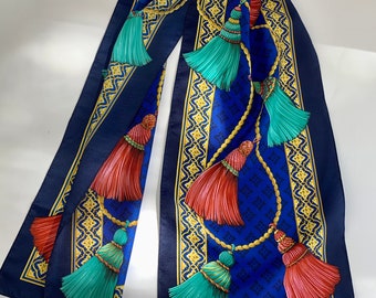 Vintage Tassel Scarf - All Quality Silk - Red, Emerald Green, Gold, Navy & Persian Blue  - X-Long - 54 x 11-1/2 Inches