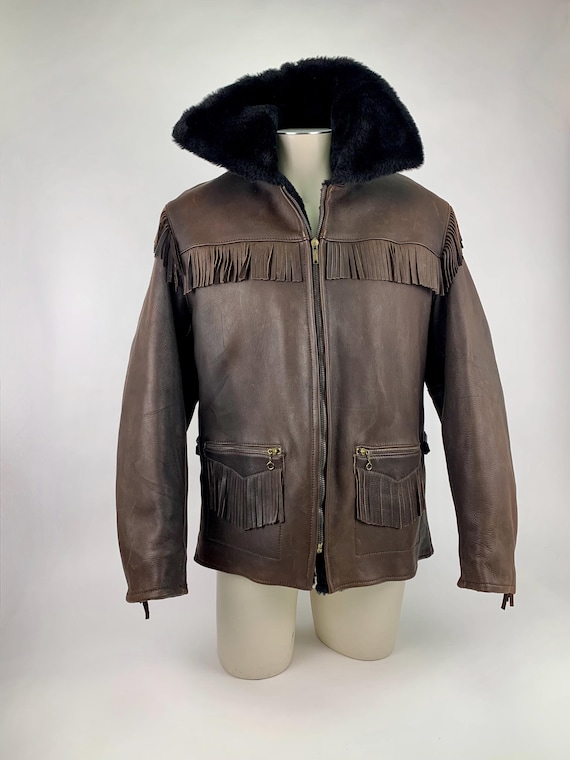 1950s Buckskin Fringe Western Jacket: Black Fleece Lined - Men's Size Large