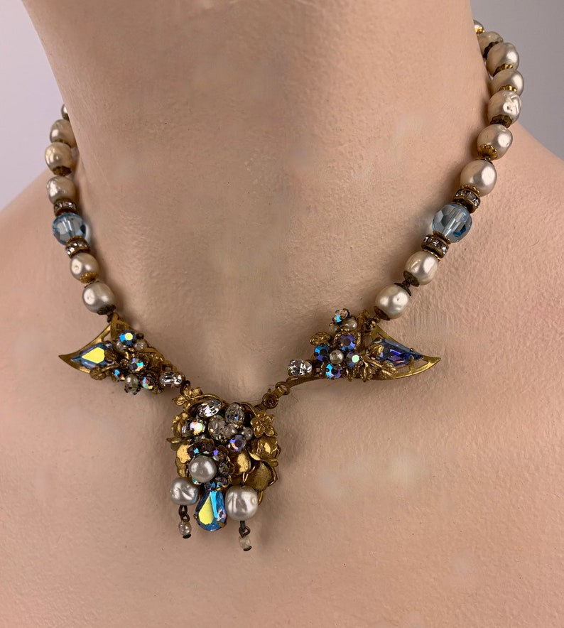 1940's-50's Necklace with Aurora Borealis Faceted Crystals, Faux Pearls and Rhinestones 16 Inch Length image 1