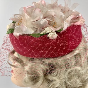 1960'S Pill Box Hat Pink Velvet with White Delicate Silk Flowers Lovely Details Netted Veil image 5