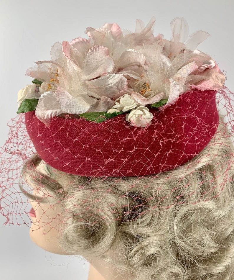 1960'S Pill Box Hat Pink Velvet with White Delicate Silk Flowers Lovely Details Netted Veil image 5