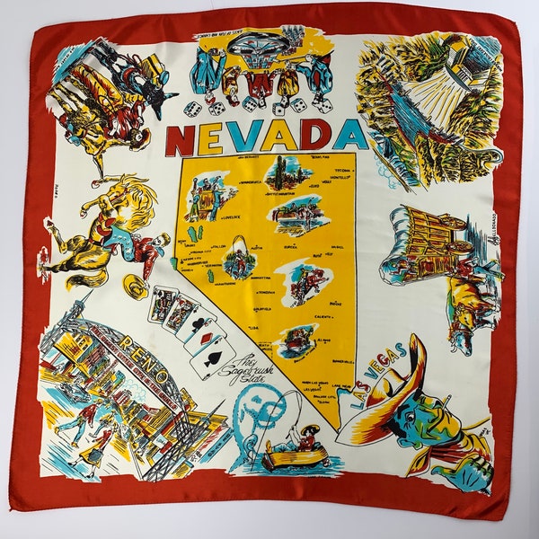 1940'S-50'S NEVADA Souvenir Scarf - Tourist Scarf - All Rayon - Rolled Hem - 28-1/2 inches x 28-1/2 inches