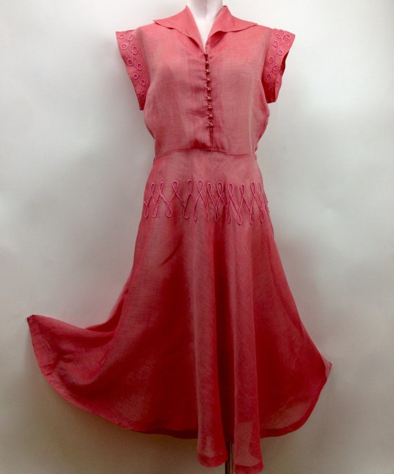 1950's SHEER ORGANDY Dress / Salmon with Decorativ