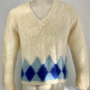 1950's-60's MOHAIR V Neck Sweater BRENT Label Two Tone Blue Argyle Diamonds Made in ITALY Men's Size Large image 6