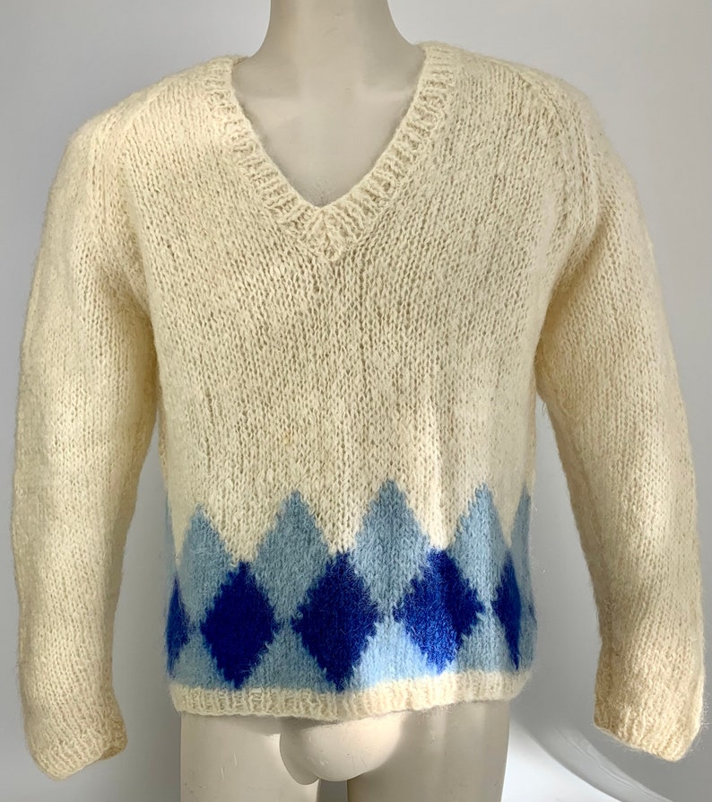1950's-60's MOHAIR V Neck Sweater BRENT Label Two Tone Blue Argyle Diamonds Made in ITALY Men's Size Large image 6