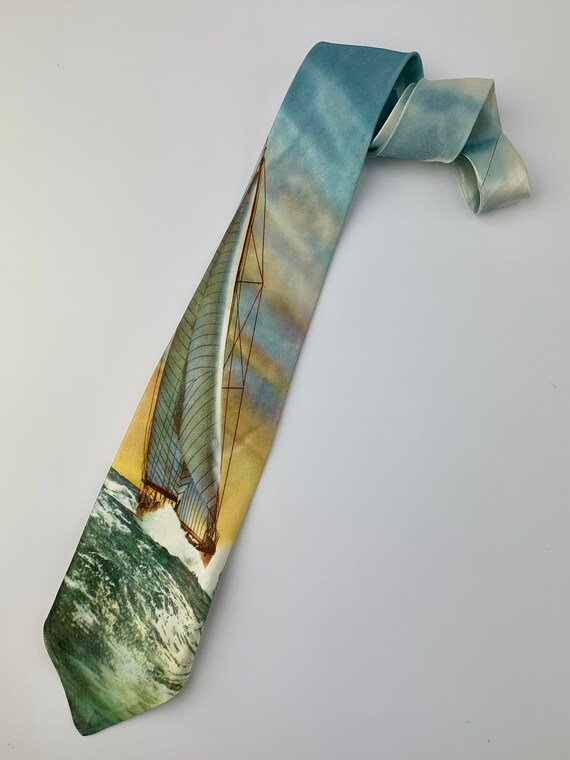 Vintage 1950'S Photo Silkscreen Tie - Sailboat on… - image 3