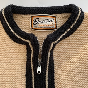 1950'S-60'S MOD Zip Cardigan BRENTWOOD SPORTSWEAR Heavy Territory Wool Butter Cream Body with Black Details Men's Medium to Large image 3