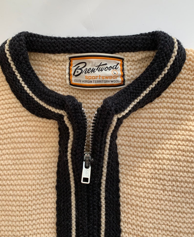 1950'S-60'S MOD Zip Cardigan BRENTWOOD SPORTSWEAR Heavy Territory Wool Butter Cream Body with Black Details Men's Medium to Large image 3