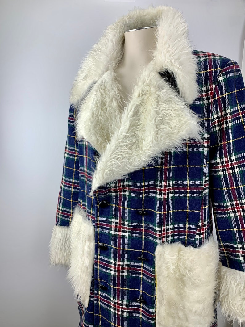 1970'S Pimp Jacket Faux Fur & Wool Plaid Austin Powers Style Fully Lined NOS Dead-Stock /Men's Size Large image 7