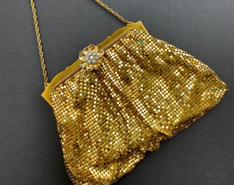 1940's-50's Gold Metal Mesh Evening Purse - by Whiting and Davis - Made in the USA - Gold Frame with Rhinstone Floral Clasp