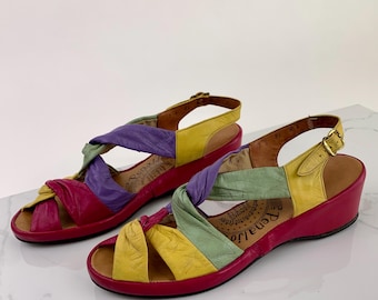 Jaren 40/50 sleehaksandalen met kleurvlakken - merk Penaljo - veelkleurige gedraaide leren slingbacks - maat 7