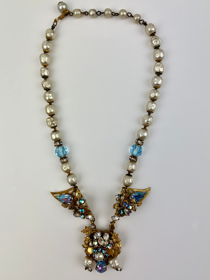 1940's-50's Necklace with Aurora Borealis Faceted Crystals, Faux Pearls and Rhinestones 16 Inch Length image 3