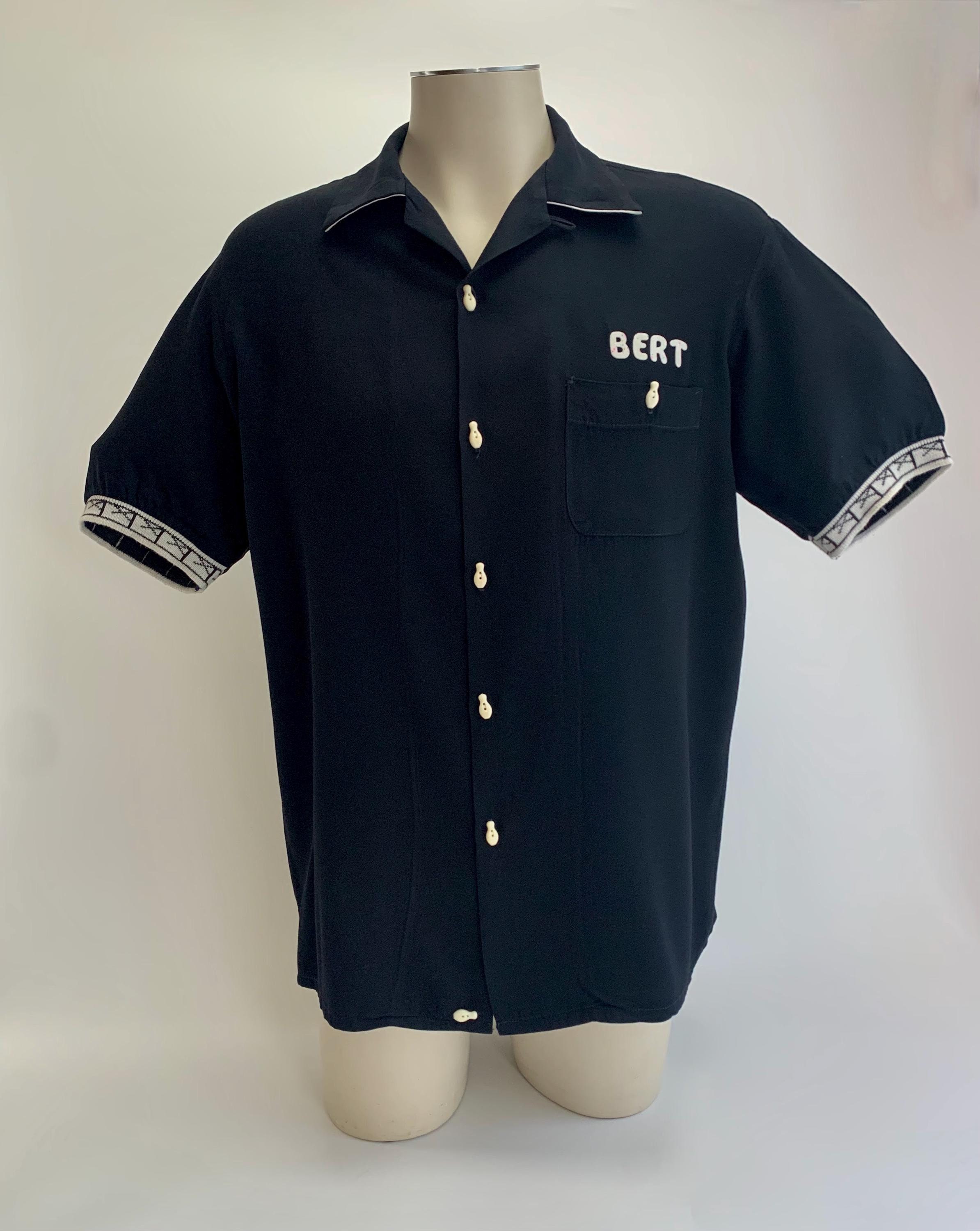 1950'S Bowling Shirt - Black Rayon Gabardine - Bowling Pin