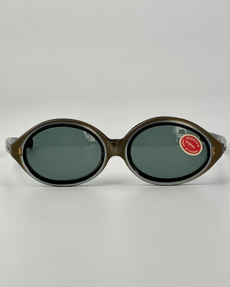 1960's Mod Oval Sunglasses Made in FRANCE Grayish Silver with Black Optical Quality NOS Dead Stock image 1