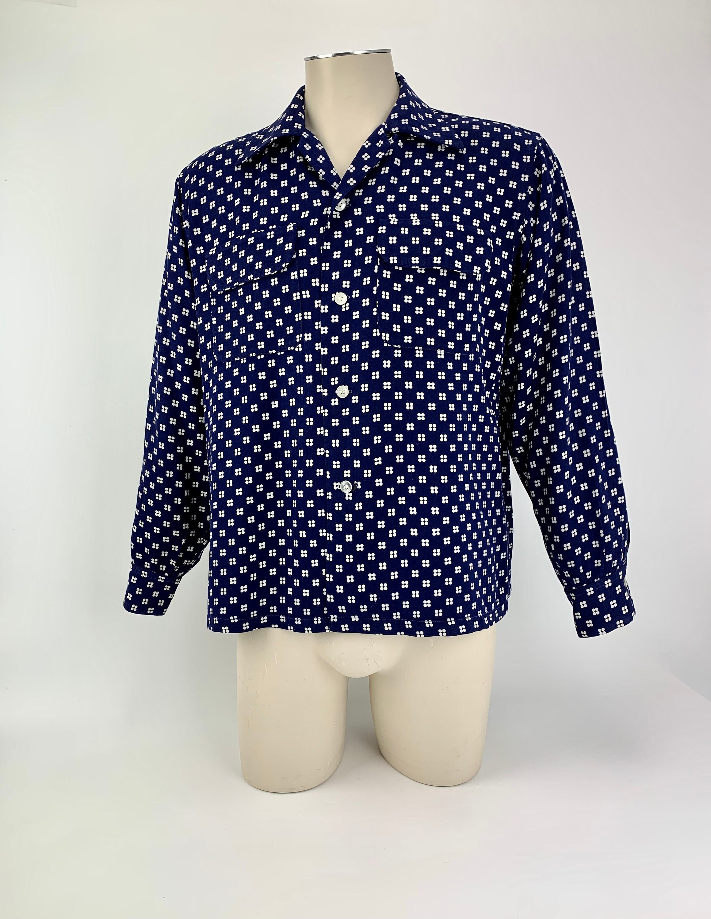 1940's-50's Gabardine Shirt Polka Dot Printed Rayon Flap