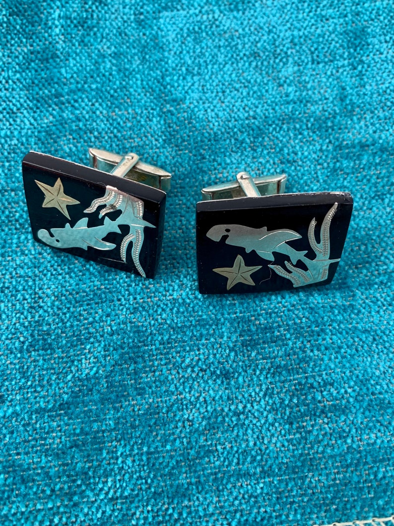 1950's Sea Life Cuff Link Set Inlay Images of Sharks, Star Fish & Seaweed Sterling Silver Set in Black Resin Handmade TAXCO Mexico image 1