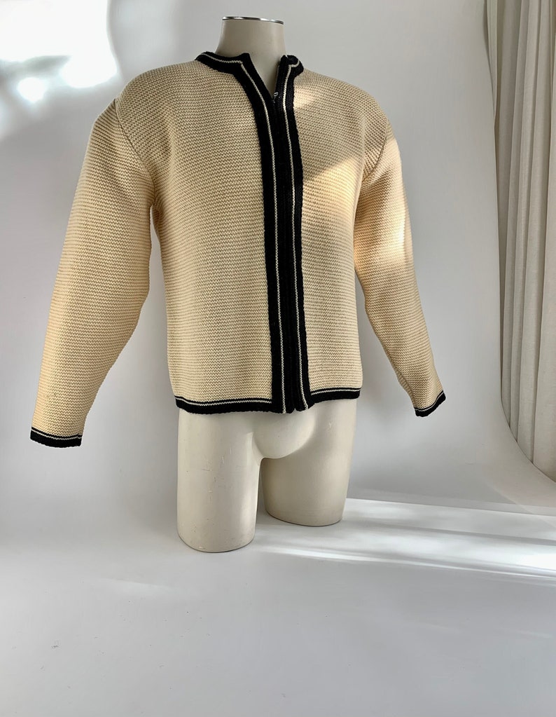 1950'S-60'S MOD Zip Cardigan BRENTWOOD SPORTSWEAR Heavy Territory Wool Butter Cream Body with Black Details Men's Medium to Large image 1