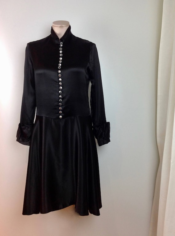 1920'S-30'S Drop Waist Dress - Black Silk Satin -… - image 2