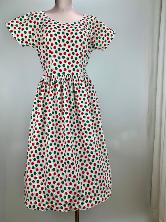 1950's Polka Dot Dress - Cotton Seersucker Fabric - Green & Red Button Dots  - Gathered Skirt - Women's Medium - 28 Inch Waist - Etsy