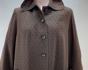 1950'S Rayon Gabardine Coat - Chocolate Brown Fleck Check - Aqua Velvet Details - Cool Buttons - Patch Pockets - Women's Medium