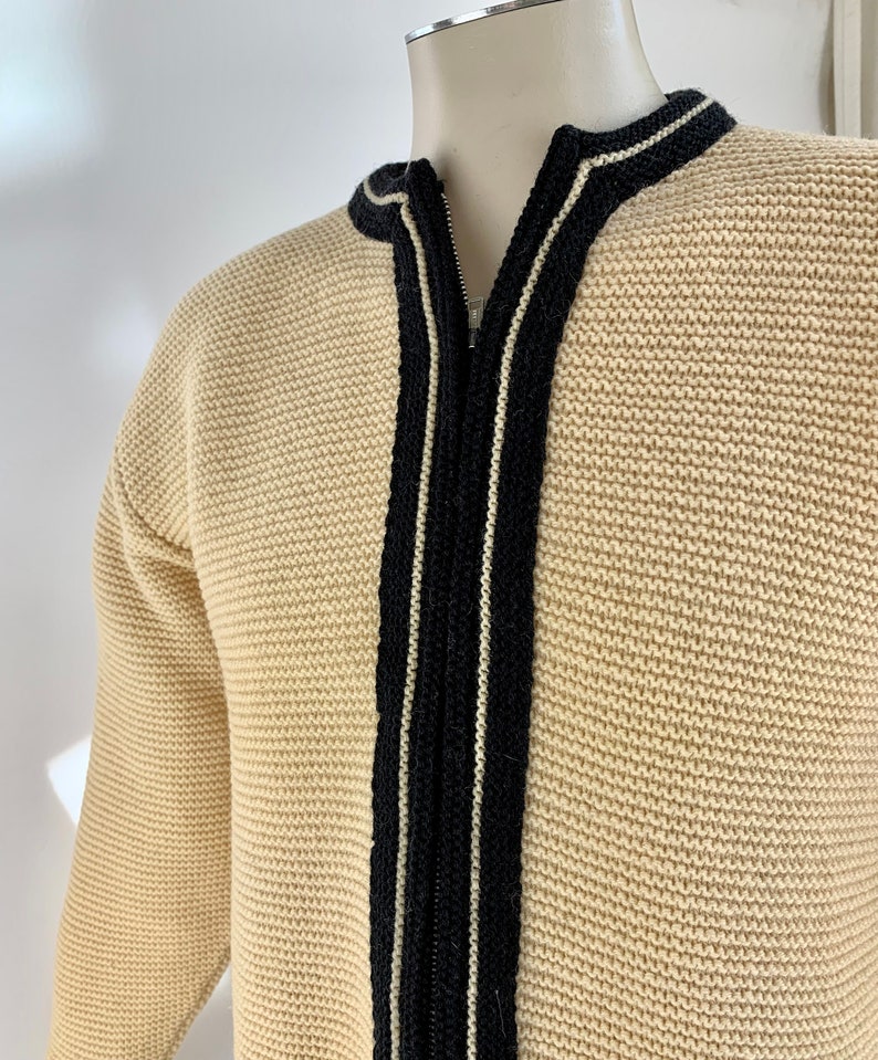 1950'S-60'S MOD Zip Cardigan BRENTWOOD SPORTSWEAR Heavy Territory Wool Butter Cream Body with Black Details Men's Medium to Large image 4