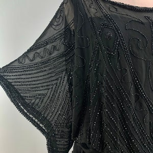 1950-1920&#39;s BEADED DRESS - Black Silk Chiffon - Faceted Black Glass Beadwork - Sheer Silk Lining - Authentic Vintage - Size Medium