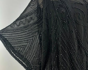 1950-1920&#39;s BEADED DRESS - Black Silk Chiffon - Faceted Black Glass Beadwork - Sheer Silk Lining - Authentic Vintage - Size Medium