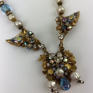 1940's-50's Necklace with Aurora Borealis Faceted Crystals, Faux Pearls and Rhinestones 16 Inch Length image 4