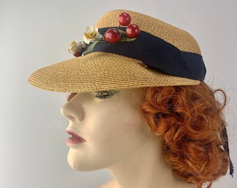 Vintage 1940'S Brimmed Woven Straw Hat with Center Cutout Reveal - Red Cherries & Vintage Flowers - Navy Grosgrain Ribbon