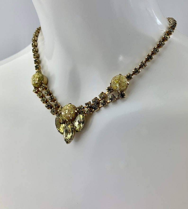 1950's Crystal Necklace in Golden Colors 3 Marquise shaped Baguettes in Citrine All Prong Set Crystals 15 Inch Choker Length image 3