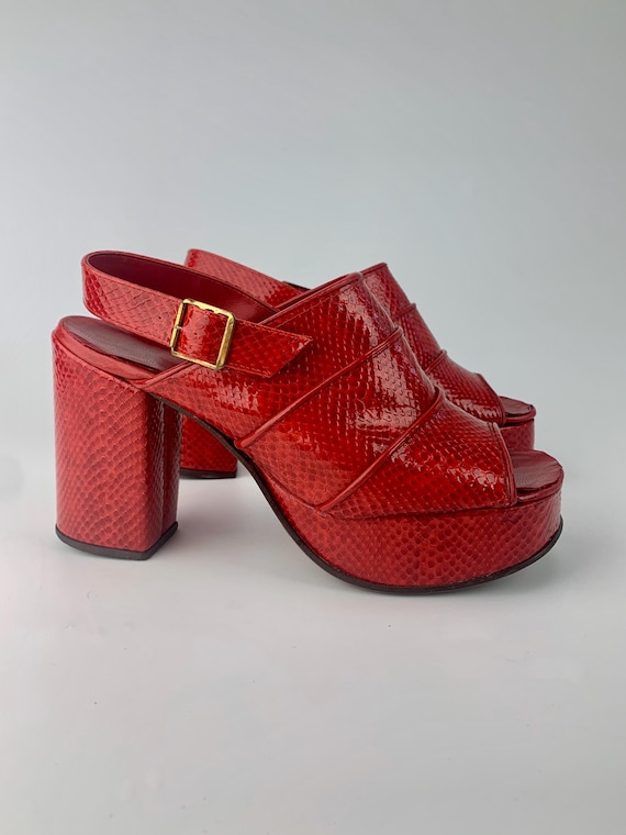 1970 S Platform Shoes Shinny Red Faux Lizard Skin Open Toe Slingback 4 Inch Heels women s Size 7 to 7 1 2 Etsy UK