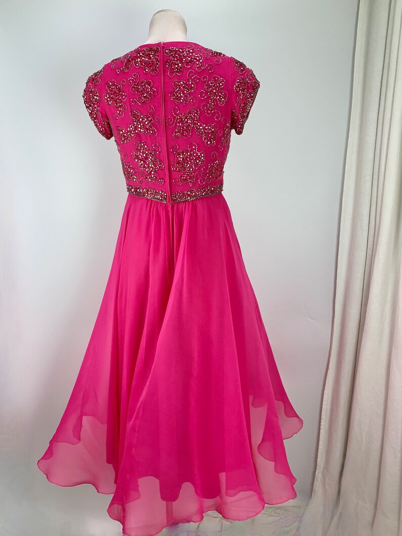 1960'S Goddess Dress Hot Pink Silk Chiffon Iridescent Seqiuns & Beadwork Helen Bass for HAROLD Medium 画像 7