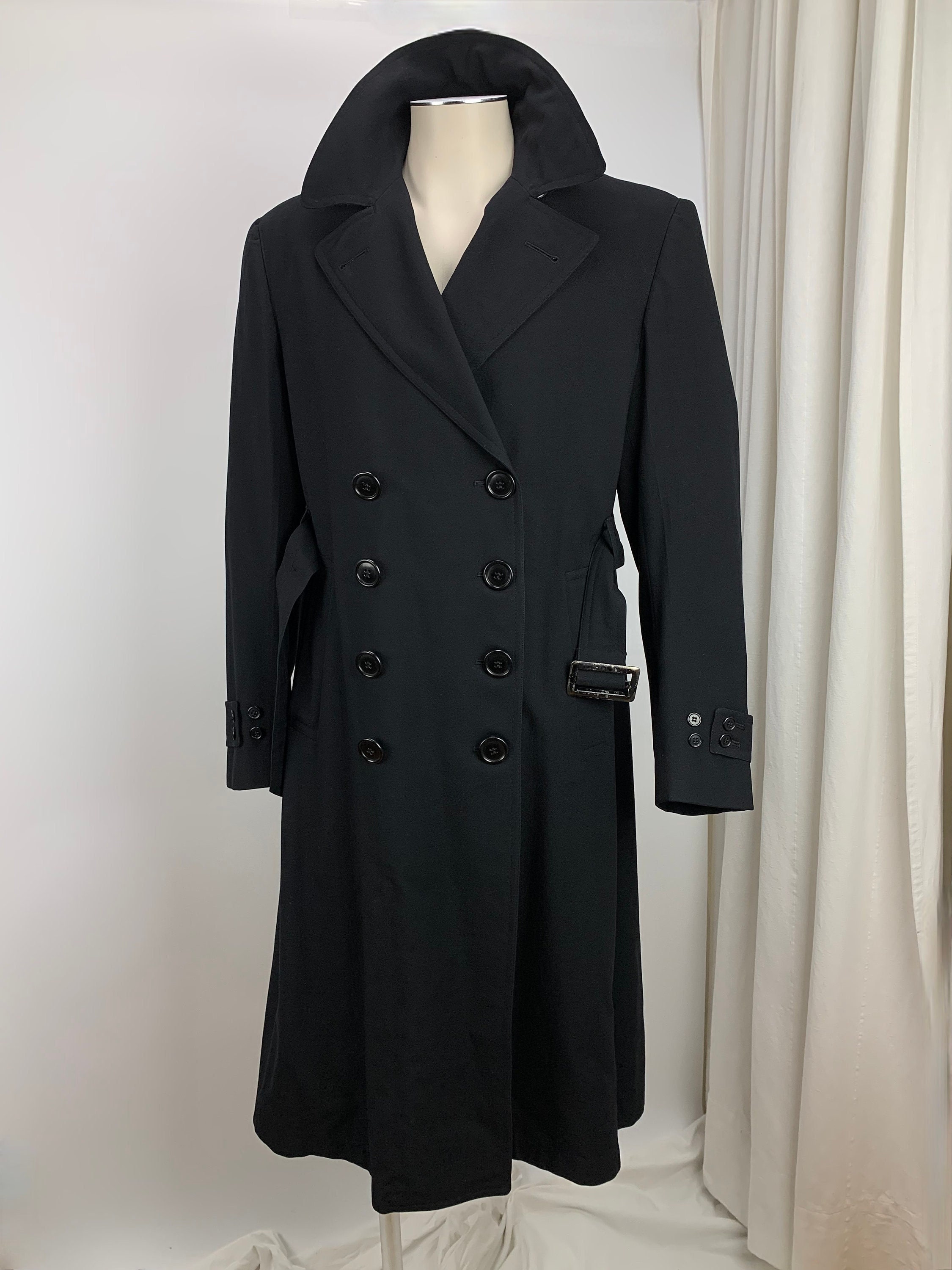 1940's Double Breasted Trench Coat - Black Wool Gabardine 1940's Double Breasted Trench Coat - Black Wool Gabardine