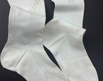 Authentic 1910&#39;s-1920&#39;s Long Stockings - Creamy White Cotton - Beige Machine Embroidery Details - Skinny Lady Stockings - Small Size