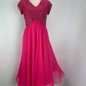 1960'S Goddess Dress Hot Pink Silk Chiffon Iridescent Seqiuns & Beadwork Helen Bass for HAROLD Medium 画像 2