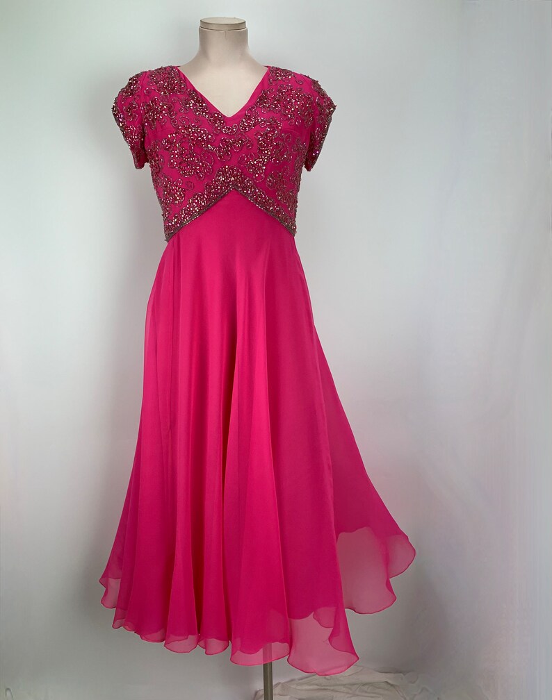 1960'S Goddess Dress Hot Pink Silk Chiffon Iridescent Seqiuns & Beadwork Helen Bass for HAROLD Medium 画像 2