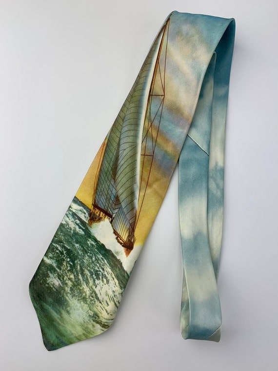 Vintage 1950'S Photo Silkscreen Tie - Sailboat on… - image 2