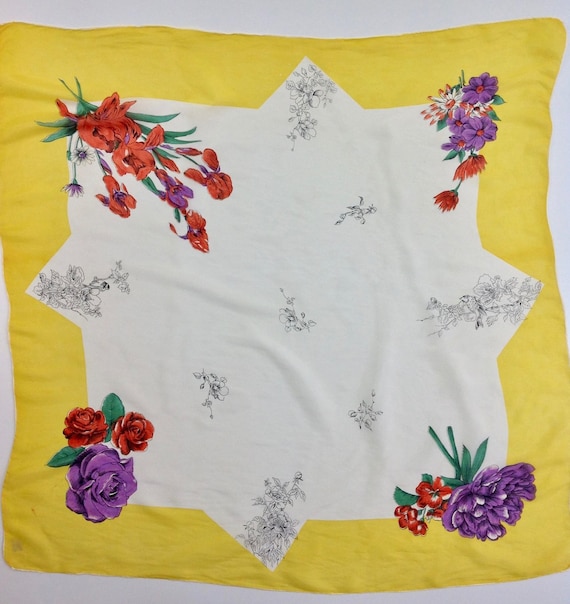 1950'S Floral Scarf -Bright Yellow - All Silk - I… - image 1