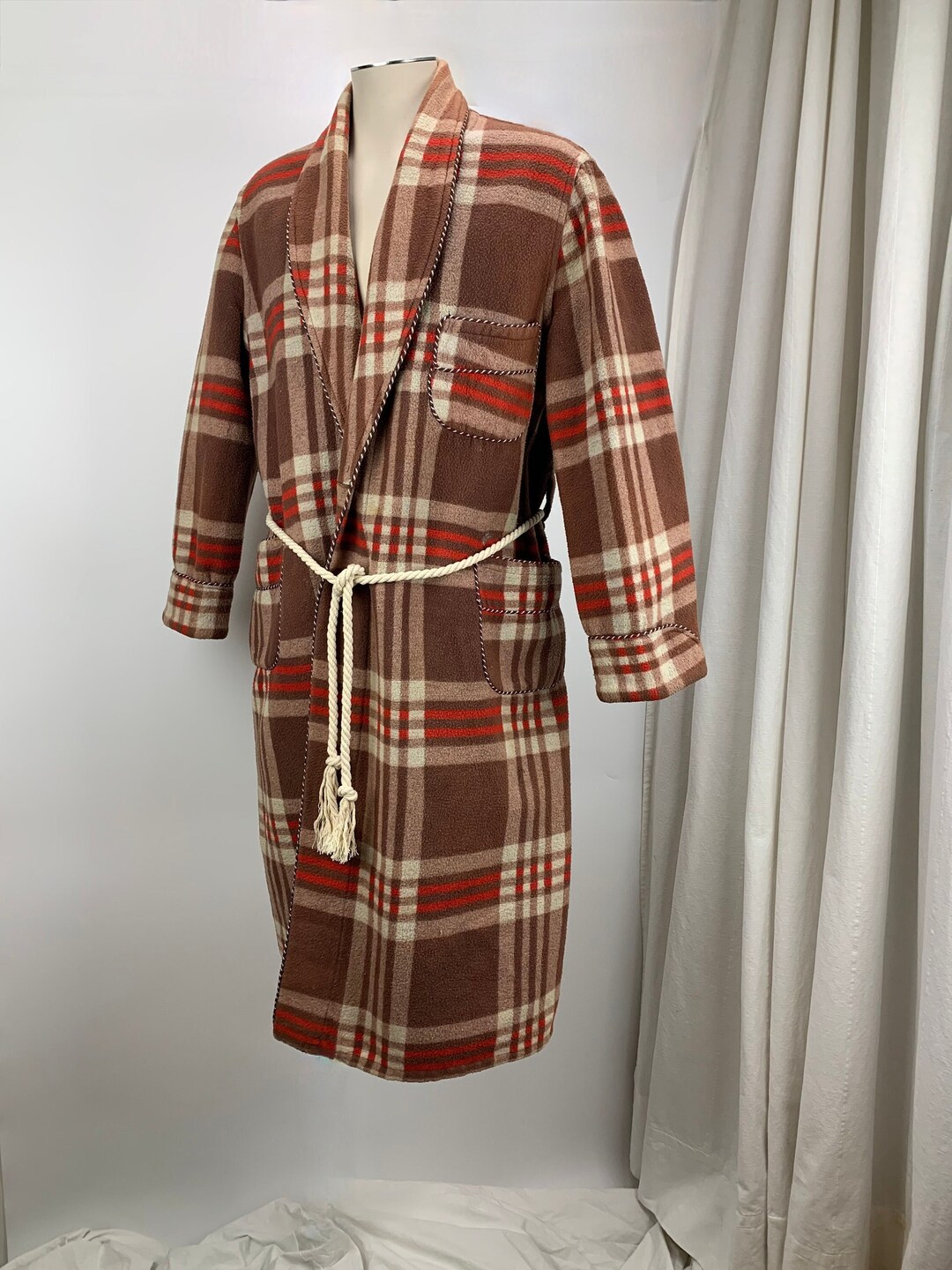 1930's40's BEACON Blanket Robe Brown & Red Cotton Flannel Plaid With